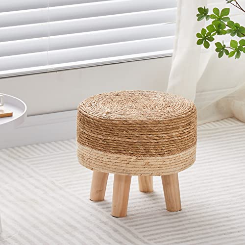 Cpintltr Foot Stool Natural Seagrass Hand Weave Poufs Round Ottoman for Couch Desk Soft Step Stool Padded Foot Rest with Non-Skid Pine Legs for Hallway Office Lounge Natural/White - color: White
