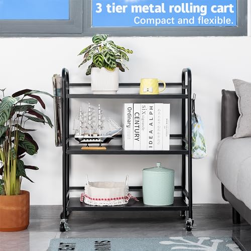 HDANI 3 Tier Metal Rolling Utility Cart,High Capacity Multi Purpose Heavy Duty Cart for Office,Kitchen,Living Room,Bedroom,Black - color: Black, size: Large Solid with Basket