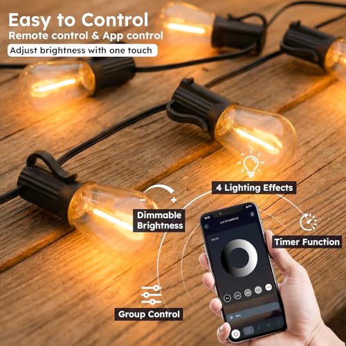 GvvooHome 100FT S11 LED Outdoor String Lights with App & Remote, Low-Voltage Patio Lights with Music Sync, 4 Lighting Modes, Dimmable, Waterproof LED Lights for Backyard, Porch, Garden, Deck, Party - size: 100FT-APP