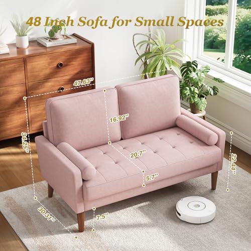 Vesgantti 48" Loveseat Sofa, Small Couch with Solid Wood Legs | Small Couch for Small Spaces, Mid Century Modern Loveseat, Easy Assembly Sofa for Living Room, Bedroom, Pink - color: Pink