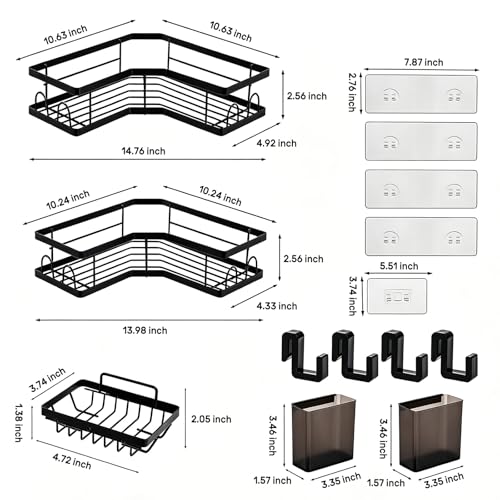 Corner Shower Caddy 3 Pack, Adhesive Shower Organizer Shelves, No Drilling Stainless Steel Rustproof Rack with Hooks, Soap & Toothpaste Holder, Black for 90° Bathroom Kitchen Corners