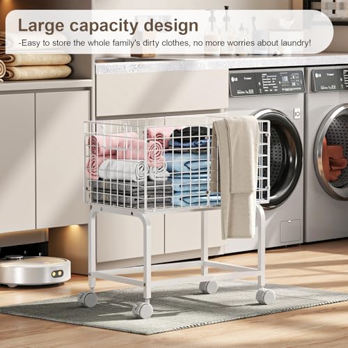 Laundry Basket with Wheels,80L Wire Rolling Laundry Basket with Pull Handle,White High Laundry Cart for Laundry Room,Bathroom,Bedroom-White(23.6 * 15.75 * 28inch) - style: Medium Oblong-White