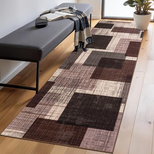 Washable 3x10 Modern Geometric Runner Rug for Hallway Kitchen Purple | Non Slip, Low-Pile, Soft Stain Resistant, Modern Geometric Patchwork Grid Print Long Runner with Rubber Backing - color: Purple, size: 3' x 10' (Runner)