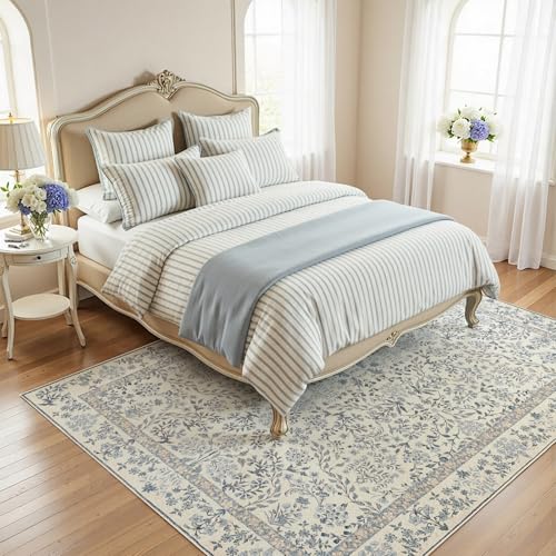jinchan 6x9 Washable Living Room Area Rug, Vintage Floral, Blue/Cream | Soft Non-Slip Low-Pile, Botanical Aesthetic Throw Carpet for Bedroom Dining Room Nursery - color: Blue/Cream, size: 6' x 9' (Rectangular)