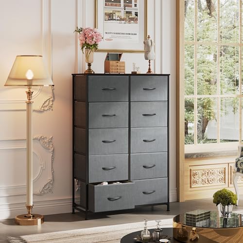 WLIVE Tall Dresser for Bedroom with 10 Fabric Drawers, Dark Grey | 10 Drawers, Fabric Dresser for Closet, Storage Tower with Cabinet, Metal Frame - color: Dark Grey