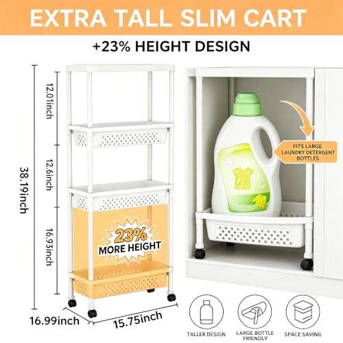 Slim 4 Tier Rolling Storage Cart Narrow Bathroom Organizer on Wheels White | 6.7" wide for tight bathroom/kitchen gaps, extra-tall tier, 360° casters, quick-dry shelves, tool-free storage rack - color: White
