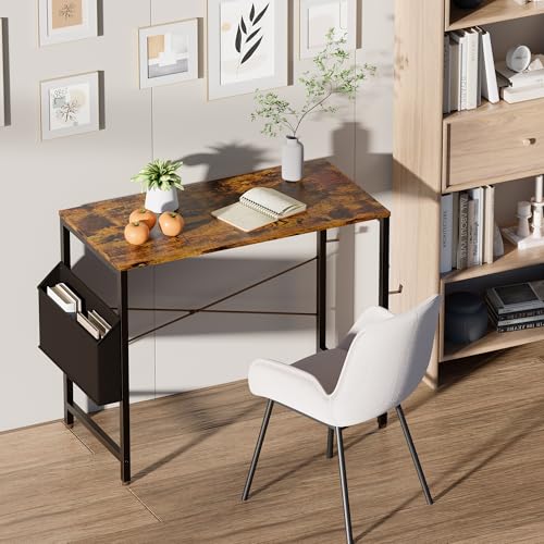 Pamray 32 Inch Computer Desk for Small Spaces with Storage Bag, Home Office Work Desk with Headphone Hook, Small Office Desk Study Writing Table - color: Vintage, size: 32 Inch