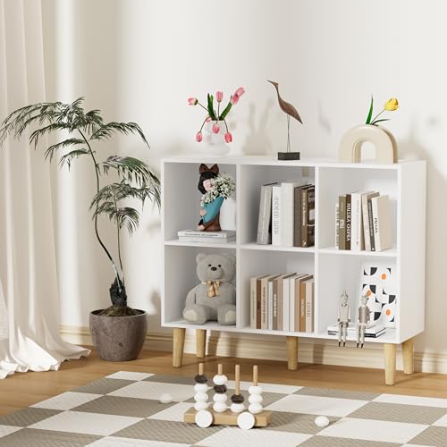 6 Cube Bookcase, Wooden Book Shelf Cube Storage Organizer with Legs, 2 Tier Bookshelf Freestanding Open Shelves for Home Office, Living Room, Bed Room (White, 6 Cube Horizontal) - color: White, size: 6 Cube Horizontal