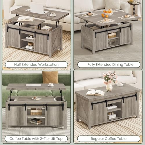 Lift Top Coffee Table, 4 in 1 Convertible Coffee Table, Farmhouse Coffee Tables, with Hidden Compartments, with Sliding Doors, for Living Room, Apartment, Greige MKF01FH - color: Greige