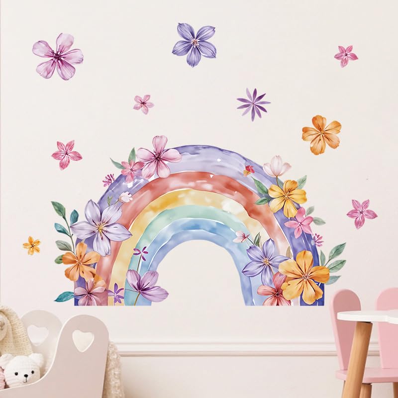Large Rainbow Wall Decals Peel and Stick Watercolor Wall Art | Easy Removable Vinyl Wall Stickers for Girls Boys Kids Living Room Nursery Playroom Bedroom - color: Rainbow Flower