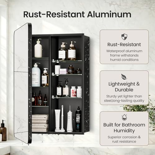 24x32 Black Medicine Cabinet with Mirror, Recessed & Surface Mount | Bathroom mirror with storage: 6 adjustable shelves fit tall bottles; DTC soft-close hinges; rust-resistant aluminum - size: 24" x 32"