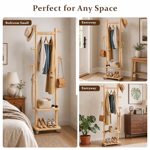 Small Clothes Rack Solid Wood Coat Rack Freestanding with Wheels | Space Saving, Stable 5 Hooks 2 Shelves Coat Tree, Silent 360 Degree Wheels, Heavy Duty 150 lb Capacity for Entryway Bedroom - color: Natural Wood, size: S: 15.7" x W: 11.8" x H: 70" (With