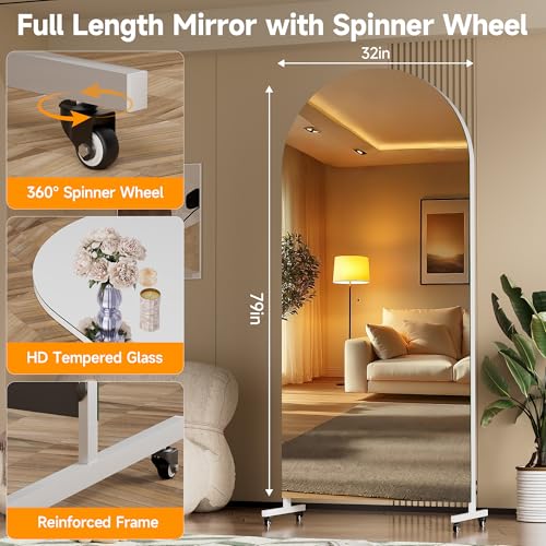 Hasipu 79" x 32" Arched Full Length Mirror on Wheels | HD tempered glass, sturdy aluminum frame, 4 smooth casters with locks, ideal for yoga, dance studio & home gym. - size: 79"L x 32"W