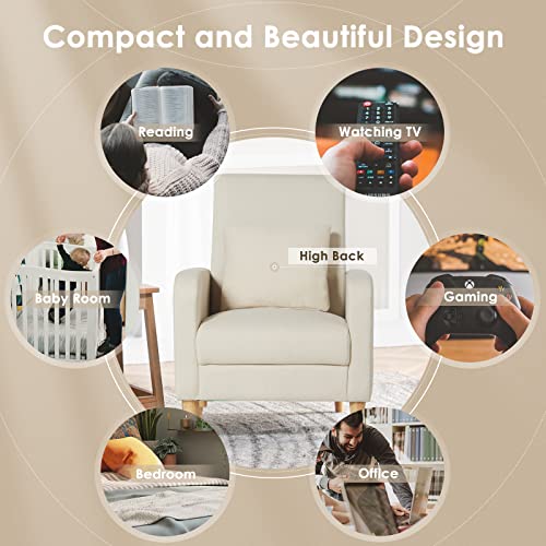 COLAMY Mid-Century Modern Accent Chairs Set of 2, Fabric Upholstered Living Room Chairs with Back Pillow & Solid Wood Legs, Comfy Armchair for Living Room, Bedroom, Single Sofa, Beige - color: Beige, size: Set of 2