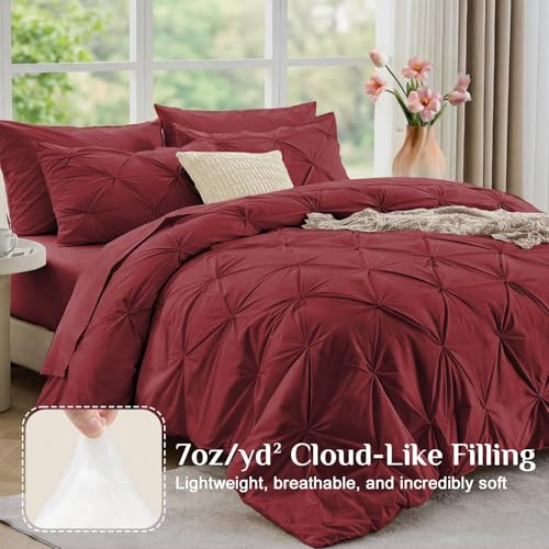 JOLLYVOGUE Twin Comforter Set 5 Pieces - Bed in a Bag Twin for All Season, Pintuck Bedding Comforter Sets with Comforter, Flat Sheet, Fitted Sheet and Pillowcases & Shams, Burgundy - color: Burgundy, size: Twin