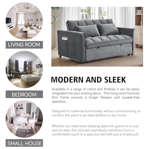 3 In 1 Velvet Convertible Sofa Bed, Pull Out Couch Bed with Reclining Backrest And 2 Pillows, 54" Full Size Loveseat Sleeper Sofa Futon Couch Beds, Couches For Small Spaces, Living Room (Medium Grey) - color: Medium Grey