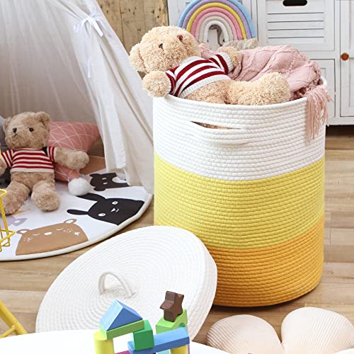 Sea Team Large Woven Cotton Rope Laundry Basket with Lid, 20 x 16 in | Collapsible Knitted Hamper with Handles, Lidded Closet Shelf Organizers for Clothing, Blankets, Toys, Bedding, Yellow - color: White & Yellow