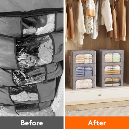 Lifewit Clothes Storage Bins with Metal Frame, Stackable Storage Box, Foldable Clothing Storage Bins with Lids, 25L Storage Bags Fabric Box Organizer with Clear Window& Zippers& Sturdy Handles 6 Pack - size: 25L