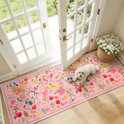 ISEAU Runner Rugs for Kitchen,2x6 Area Rug for Hallway Dorm Rug, Pink | Washable Flower Area Rug with Non-Slip Botton for Bedside, Runner for Hallway Nursery Entryway Dining Room Dorm Decor - color: Pink, size: 2ftx6ft