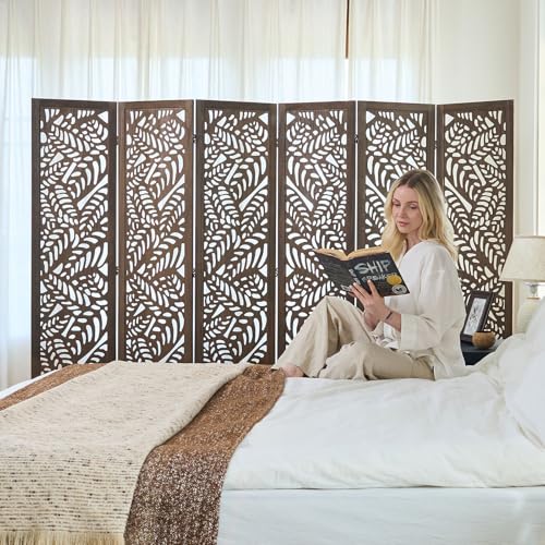 Leaf-Carved Room Divider Privacy Screen - 67 Inch Tall Foading Decorative Wood Screen Dividers Panel for Home - Natural Wood Room Partitions for Enhanced Privacy and Style Brown 6 Panel - color: Brown, size: 6 Panels