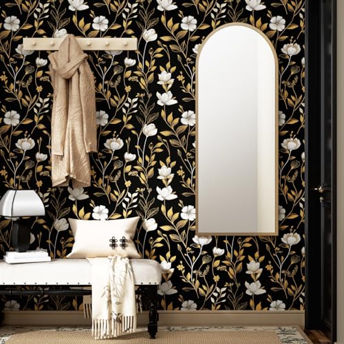 White Flowers Gold Floral Peel and Stick Wallpaper 17.4" x 118" | Renter Friendly, Removable & Waterproof, Vinyl Easy Install for Bedrooms, Bathrooms, Kitchens, Cabinets and Home Decor - color: Gold/White, size: 17.4" x 118"