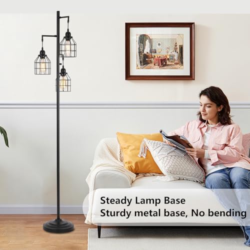 9MMML Floor Lamp for Living Room, Farmhouse Industrial Dimmable Floor lamp,3 Lights Metal Cage Tree Standing Lamp,68", 3Pcs Led Bulbs Included - color: Black B