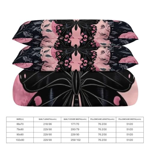 Black Butterfly, Pink Roses, Moons & Stars 3 Piece Reversible Bedding Set 79"x90",Double Sided Brushed Microfiber Duvet Cover Set with 2 Pillowcases Soft Breathable Comforter Cover for Home - color: Black Butterfly, Pink Roses, Moons & Stars, size: 79"x90