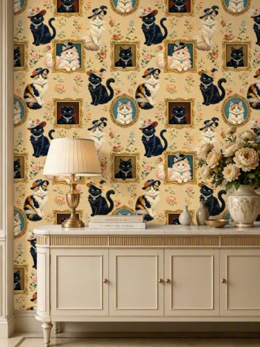 Floralplus Peel and Stick Wallpaper Vintage Floral Wallpaper | Renter Friendly, Removable, Textured, Vintage Cat Wallpaper, Self Adhesive Textured Contact Paper for Bedroom, 17.5 x 118 in - color: Light Brown