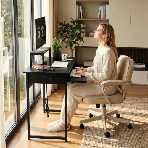 ALISENED Computer Desk with Keyboard Tray and Monitor Stand, 37.5 Inch Small Desk with Power Outlets & USB Ports for Bedroom Home Office, Compact Gaming Desk Shelf, Black (Black, 37.5") - color: Black, size: 37.5"