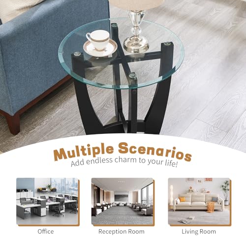 Glass End Table, 23.5" Round Side Tables with Tempered Glass Top Cross and Solid Wood Base Small Night Stand for Living Room Office Apartment Black - color: D-2, size: Round