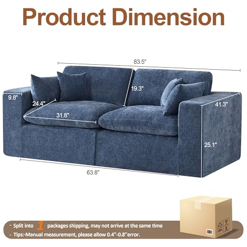 83''Cloud Boneless Sectional Couch, Modular Sectional Sofa Deep Seat, Upholstered Convertible Comfy Loveseat Chenille Memory Foam Sofa Couches for Living Room, Blue - color: Blue, size: 83"/2 Seater