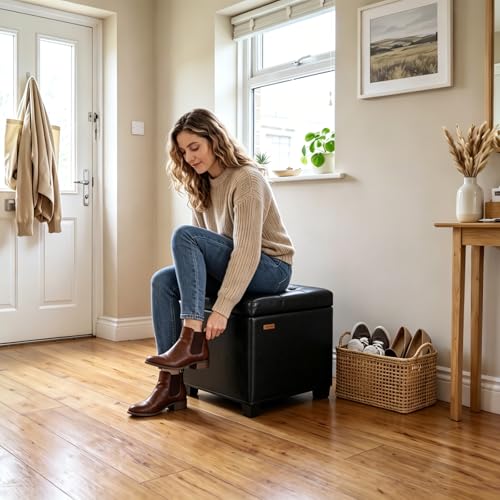 ABHENG Steel Frame Square Ottoman with Storage Black UASND63B | 17.7" x 17.7" x 17.7", Hold 660 lbs, 48L Storage Capacity, Waterproof Synthetic Leather, Removable Lid, for Dorm Living Room - color: Pu-black, size: 17.7"D x 17.7"W x 17.7"H