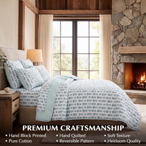 Block Print Reversible Cozy Quilt Aquamarine Blue Queen 90" x 96" Lightweight Blanket for Sofa, Couch, Bed Soft Breathable Comforter Handmade Bedspread Duvet for Farmhouse, Home, Winter - color: Aquamarine Blue, size: Queen 90" x 96"