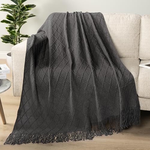 PAVILIA Dark Gray Knit Throw Blanket, Soft Knitted Farmhouse, 50x60 | Lightweight Decorative Summer Fall Throw, Outdoor Textured Boho Blanket, For Couch Bed Sofa Chair Living Room Bedroom - color: Charcoal Gray, size: 50 X 60 Inches - Throw