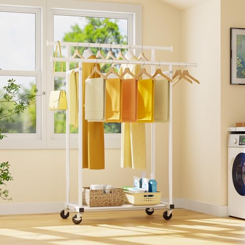 HYSEYY Double Rods Clothes Rack, Rolling Clothing Rack for Hanging Clothes Portable Wardrobe Rack, Metal Garment Rack Sturdy Coat Rack for Bedroom Laundry Living Room, White - color: White