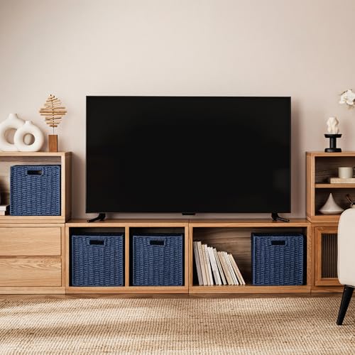 UBBCARE 3 Pack Wicker Basket, 11L×11H×10.5W inch Woven Paper Rope Storage Baskets for Shelves, Foldable Cube Storage bin with Handle, Storage Basket for Organizing & Decor, Navy Blue - color: Navy Blue, size: Cube-3pack 11"×11"×10.5"
