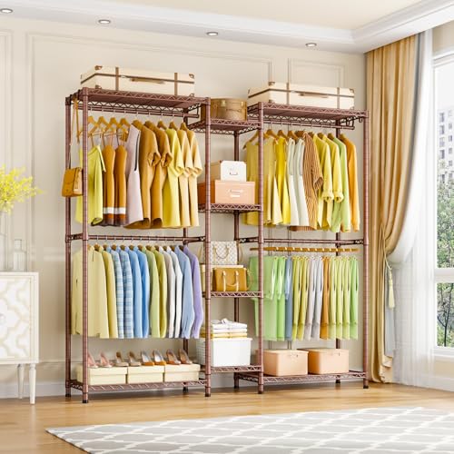 E4 Clothes Rack, Heavy-Duty Garment Rack Can Be L-Shaped Closet System | Bronze Metal Freestanding Clothing Organizer Storage System with Shelves and Hangers, Load 962lbs, 71.6"W x 14.5"D x 79.3"H - color: Bronze