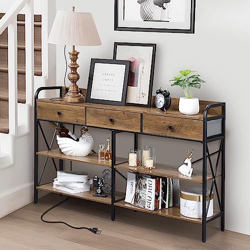Karl home Console Table with USB Ports and Outlets and Shelves, Brown | Industrial style,3 fabric drawers,3-tier storage shelves,vintage entry desk for living room couch hallway - color: Vintage Brown