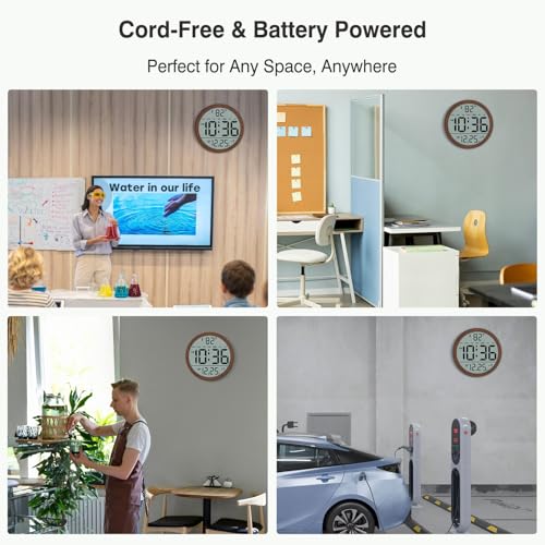 Digital Atomic Wall Clock Battery Operated, 8 Inch Large Display | Never Needs Setting Clock with Date and Temp, Auto DST, Self-Setting Time, Easy to Read for Bedroom, Living Room, Office - color: Brown