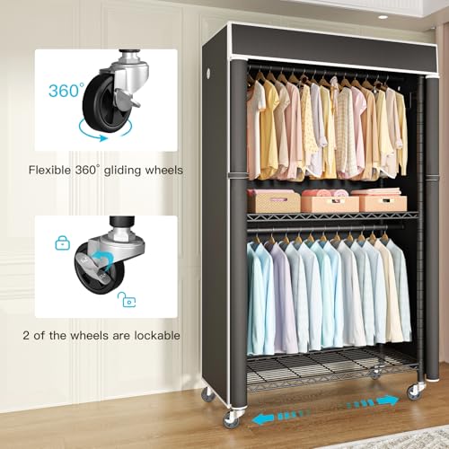 Clothing Rack with Cover, P1C Rolling Closets with Wheels | Metal Garment Rack for Hanging Clothes, Clothing Storage Wardrobe with Cover - color: Black Rack With Black Cover
