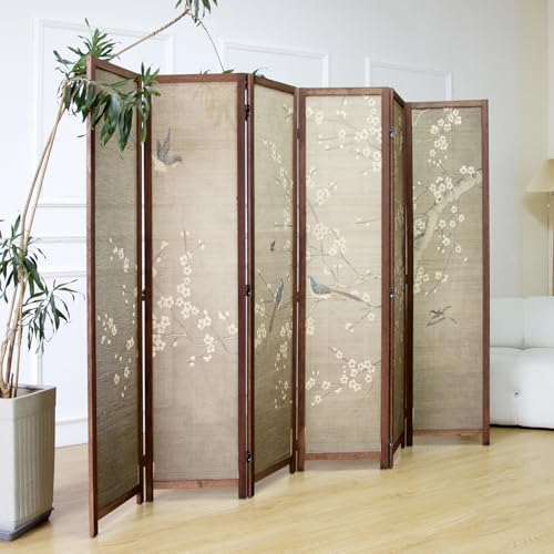 6 Panel Bamboo Room Divider for Room Separation, 5.6 ft Tall Double-Sided Folding Privacy Screen with Premium Thickened Wood Frame, White Plum and Birds (67" H x 94.5" W) - color: Plum and Birds, size: 6 Panel
