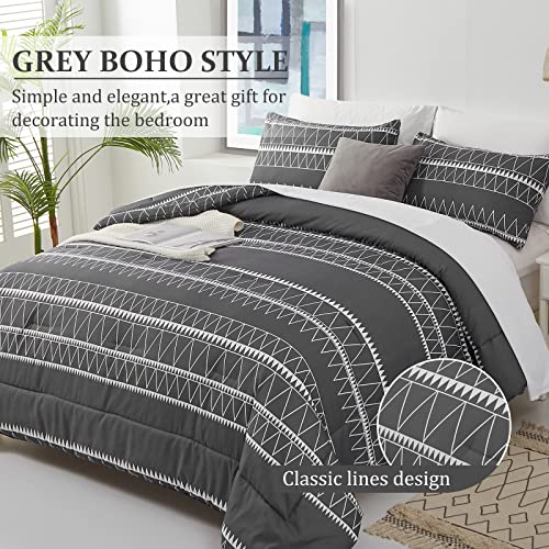 WONGS BEDDING Dark Grey Comforter Set King, Reversible Gray Boho Triangle Bedding Comforter Set for King Bed - 3 Pieces (1 Comforter + 2 Pillowcases), Lightweight Microfiber Bedding Set 104"x 90" - color: Dark Gray, size: King