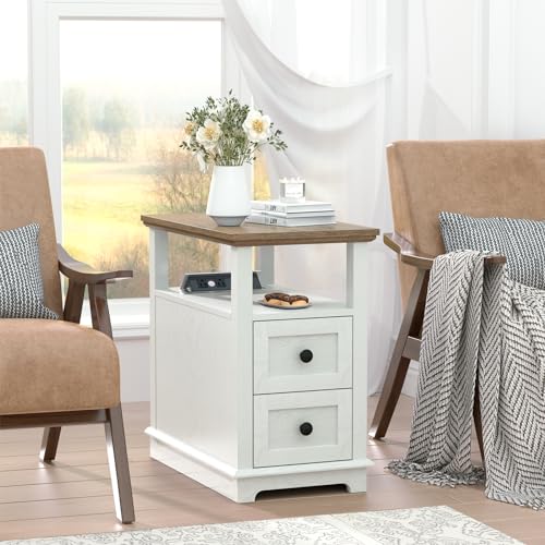 HIFYOBRO Narrow End Table with Flip Top Charging Station and 2 Drawers | Type-C & USB Port & Power outlets, Wooden Storage Cabinet, Side Table with Storage for Living Room and Bedroom - color: White, size: 1 Piece