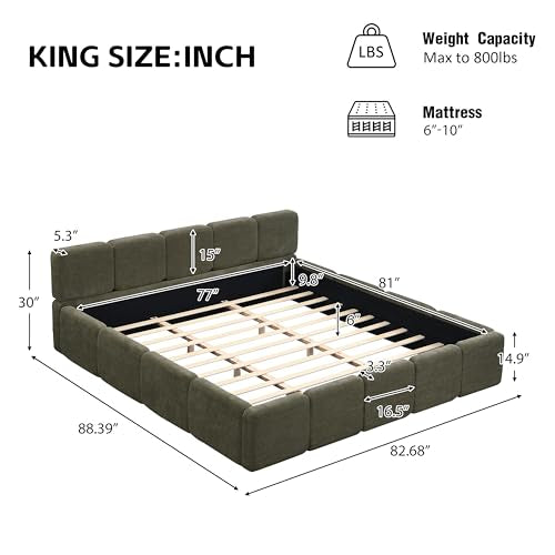 King Size Platform Bed, Boucle Thick Headboard and Footboard, Upholstery Grounded Beds, Block Style, White (Green, King) - color: Green, size: King
