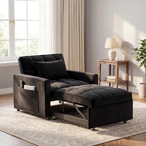 Sleeper Chair with Pull Out Bed, 3 In1 Convertible Chair Bed, Black | Adjustable Backrest with Multiple Reclining Positions, Soft Cushioning, Handy Side Pocket, Perfect for Everyday Lounging - color: W-black-m2