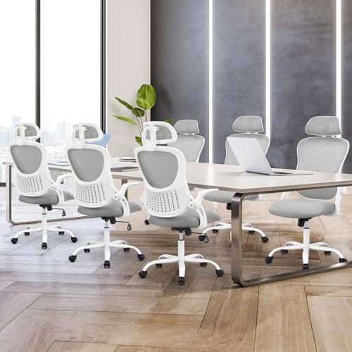 Sweetcrispy Computer Desk Chair, Mesh Office Chair with Lumbar Support | Ergonomic High-Back, Rolling Work, Adjustable Headrests, Flip-up Arms, Home Bedroom Study, Grey - color: Grey, style: Flip-up Armrest