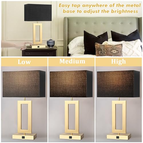 gernehop Black Table Lamps Set of 2 with Dual USB Ports,3-Way Dimmable Touch Control Bedside Lamps,22inch Tall Modern Bedroom Table Lamp for Living Room,Nightstand LED Bulbs Included - color: 22Inch Black&Gold