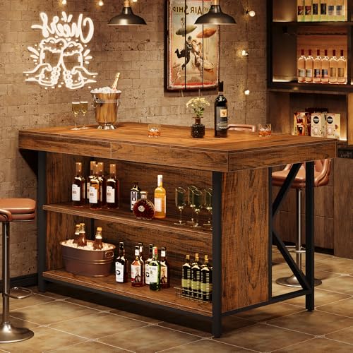 Tribesigns Large Kitchen Island with Storage, 55-Inch Wooden Stationary Island Table with Metal Frame, 3-Tier Industrial Center Bar Table with Thickened Countertop for Kitchen, Dining Room, Brown