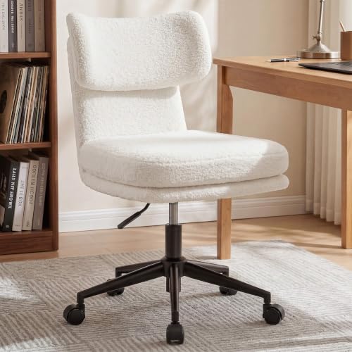 COMHOMA Vanity Chair with Ergonomic Curved Backrest, Home Office Desk Chair with Silent Wheel, Wide Seating Computer Chair for Girls Women Bedroom, Soft Teddy Fabric, White - color: White, Teddy Fleece