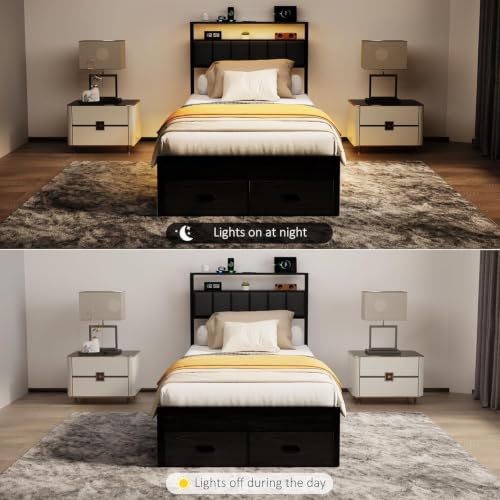 Twin Bed Frames with Storage Drawer, Platform Bed with Charging Station and LED Lights, Upholstered Headboard with 2-Tier Storage Shelves, No Box Spring Needed - size: Twin, style: Modern